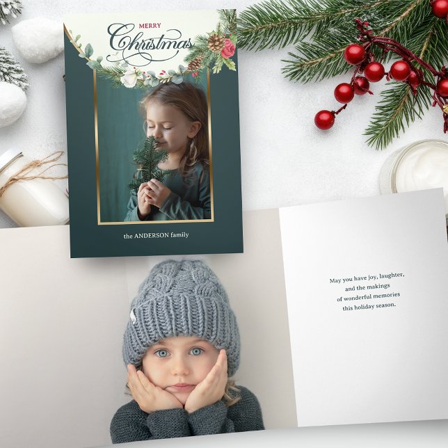 Cartão Com Dobra Tripla Foto Floral do Feliz Natal da Caligrafia (Criador carregado)