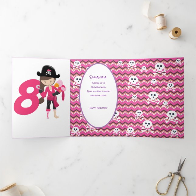 Cartão Com Dobra Tripla Glitter Pirate Girl 8th Birday (Dentro)
