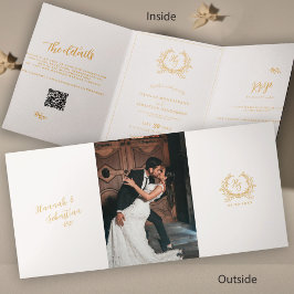 Cartão Com Dobra Tripla Ivory Gold Monograma Foto QR | RSVP | Detalhes