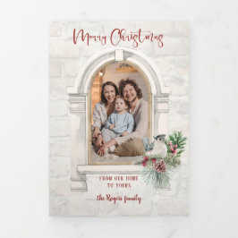 Cartão Com Dobra Tripla Janela Rustic Watercolor com Foto Floral de Natal