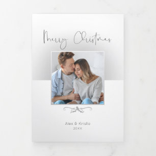 Cartão Com Dobra Tripla Manuscrito de Natal de Feliz Minimalista/Prata de