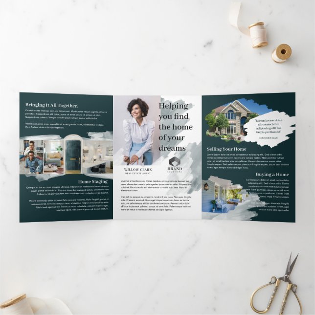 Cartão Com Dobra Tripla Marketing de Portas Imobiliários da Frente Verde (Dentro)