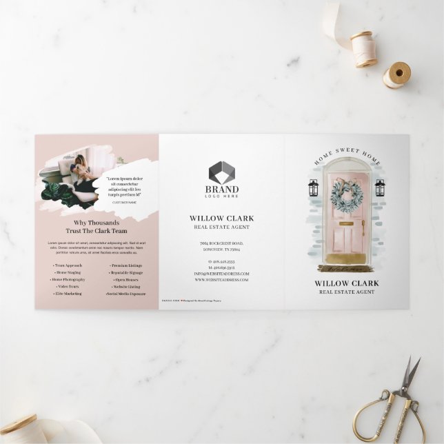 Cartão Com Dobra Tripla Marketing Imobiliário de Porta de Água Rosa (Fora)