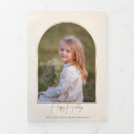 Cartão Com Dobra Tripla Minimalist Typography Gold Arch Holiday Photo