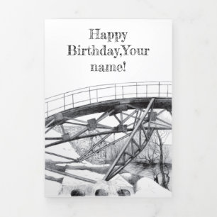 Cartão Com Dobra Tripla Pinto-ponte antigo monocromo