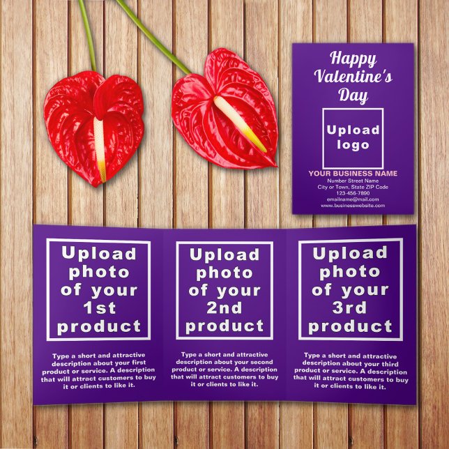 Cartão Com Dobra Tripla Placa de três vezes roxa do Namorados comercial (Purple Valentine trifold card with your business brand and products or services on table.)