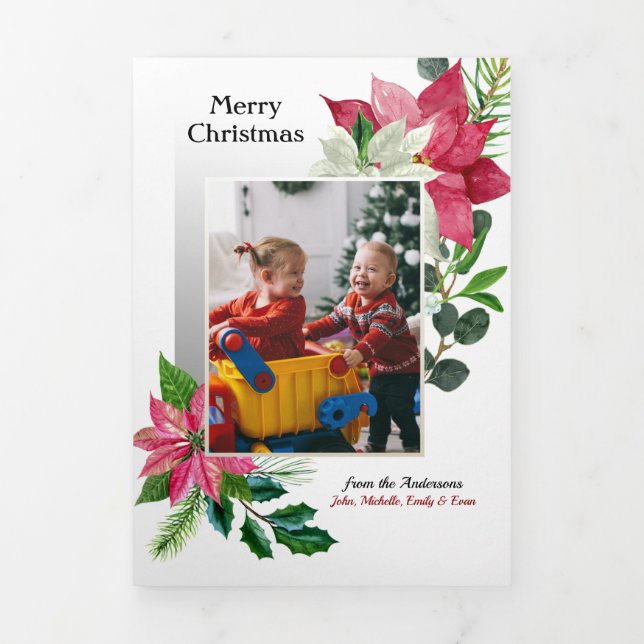 Cartão Com Dobra Tripla Poinsettia Moderna, Holly & Pine Foto (Cobrir)