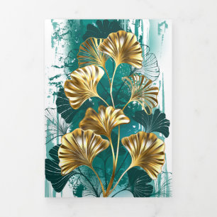 Cartão Com Dobra Tripla Ramificação com Ouro deixa Ginko Biloba