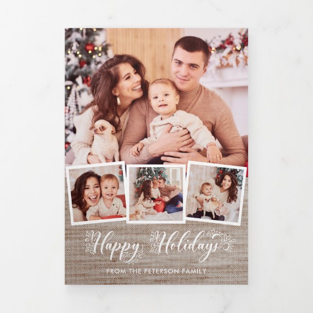 Cartão Com Dobra Tripla Rustic Linen & Happy Holidays Script Multifofotogr (Cobrir)