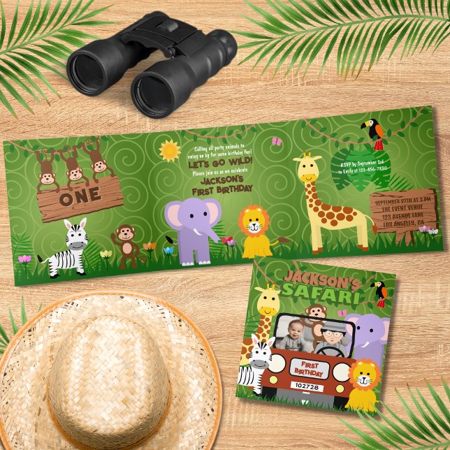 Cartão Com Dobra Tripla Selgle Safari Cute Animais Selvagens Um Aniversári (Criador carregado)