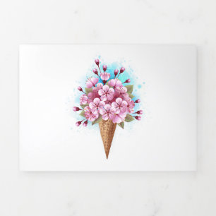 Cartão Com Dobra Tripla Sorvete Waffle Rosa Sakura Cone
