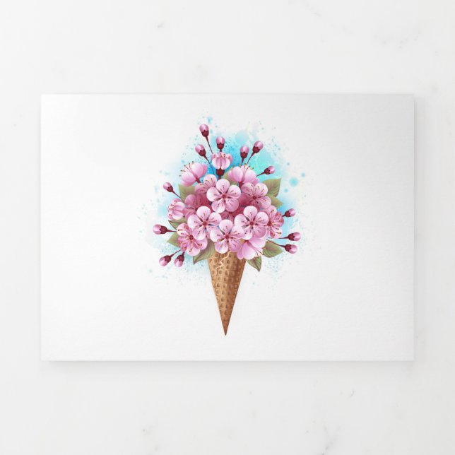 Cartão Com Dobra Tripla Sorvete Waffle Rosa Sakura Cone (Cobrir)