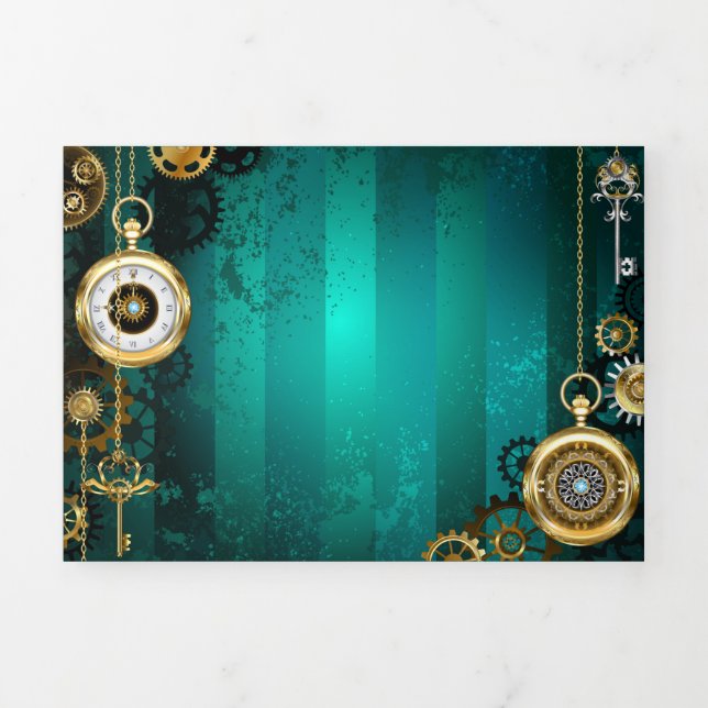 Cartão Com Dobra Tripla Steampunk Jewelry Watch em um fundo verde (Cobrir)