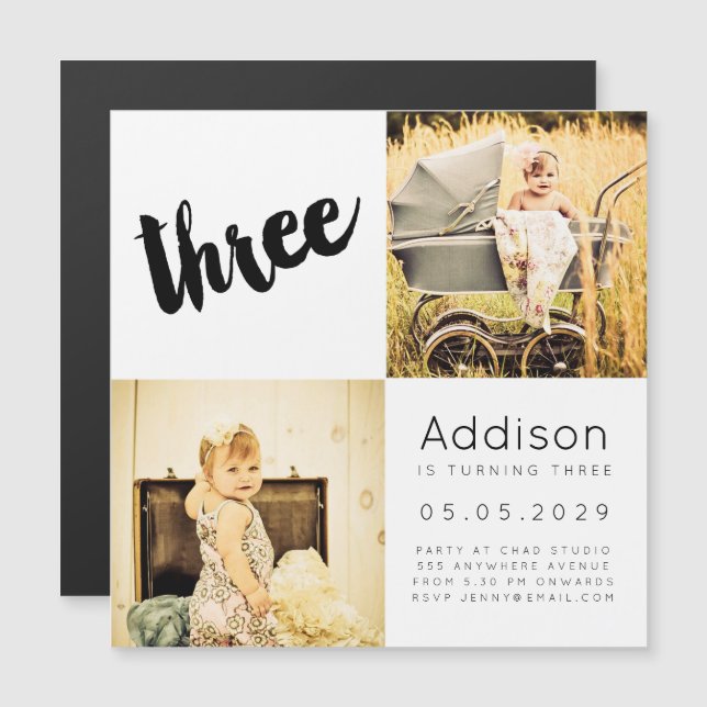 Cartão com fotos aniversário de 3 anos MAGNET Baby (Frente/Verso)