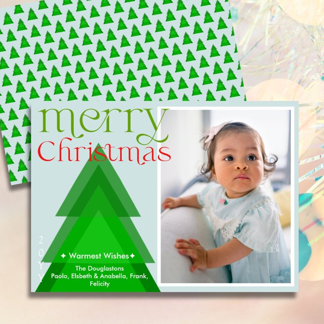 Cartão com fotos Azul Pálido Moderno da Árvore de  (Modern Geometric Christmas Tree Merry Christmas Photo card.)