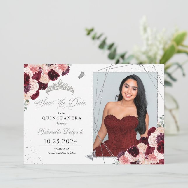 Cartão com fotos Cinza Rosa Quinceañera Salve A Da (Em pé/Frente)