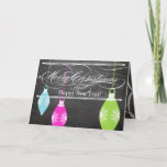 Cartão com fotos da Família Feliz de Natal<br><div class="desc">Verde limão retrorreflector estético de árvore,  cor-de-rosa e azuis,  no Cartões de foto de Natal de Tipografia do Quadro de Chalkboard</div>
