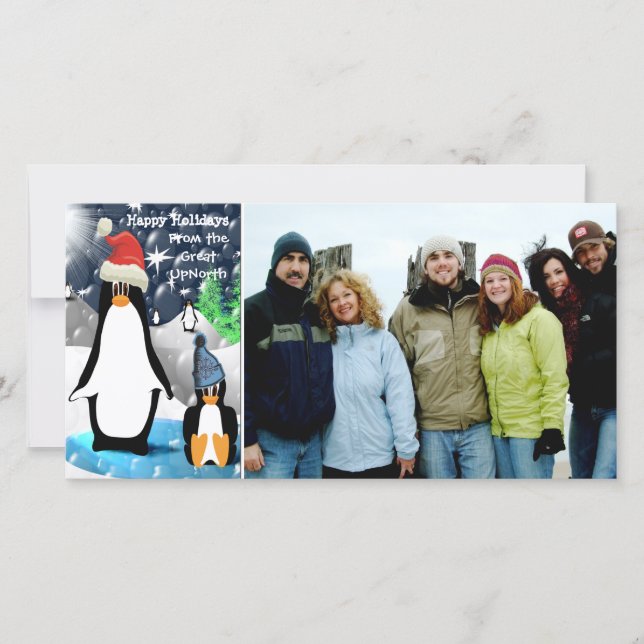 Cartão com fotos da família Pinguim Feriados Feliz (Frente)
