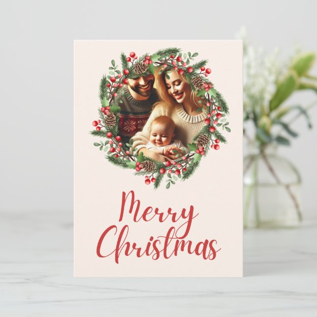 Cartão com fotos da família Wreath de Natal Festiv (Em pé/Frente)