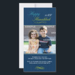 Cartão com fotos da listra do Pin de Hanukkah<br><div class="desc">As riscas subtis contra azuis cobaltos fazem um fundo impressionante para estes cartões de fotos de Chanukah. A mensagem em um azul brilhante e o verde limão acentuado por ornamento caligráficos originais são certos fazer este cartão estar para fora. Personalize com suas próprias foto e mensagem. Disponível em cores alternativas...</div>