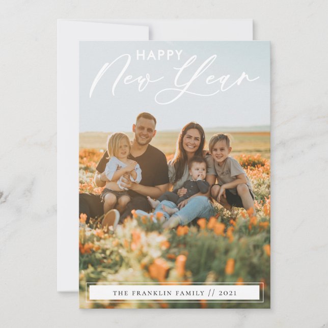 Cartão com fotos de Ano Novo do Script Elegante (Frente)
