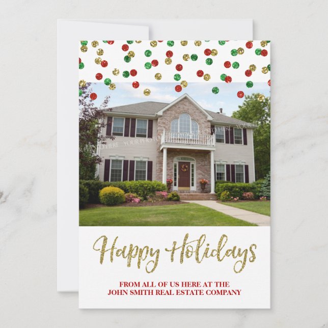 Cartão com fotos de Confetti Vermelho Dourado Nata (Frente)