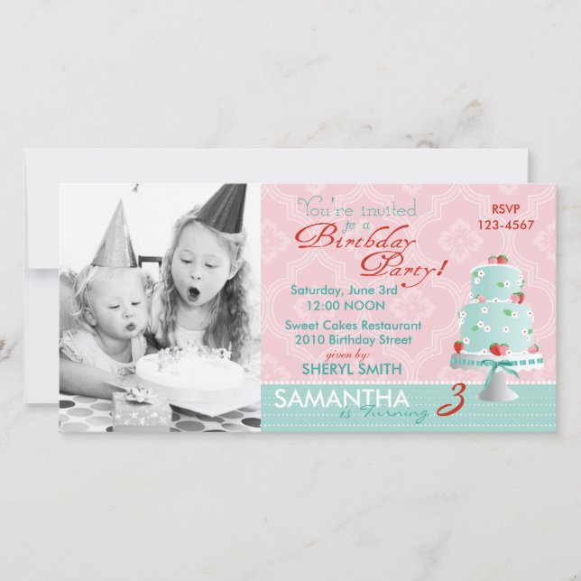 Cartão com fotos de Convite para Bolo de Morango (Frente)