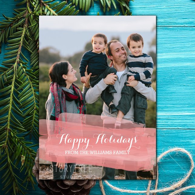 Cartão com fotos de Feriado de Brushbird de Cores  (Red Watercolor Brushstroke Holiday Photo Card)