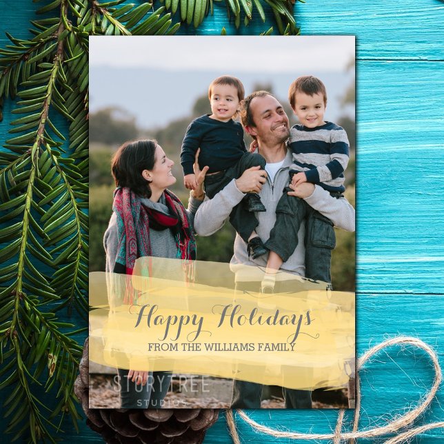 Cartão com fotos de Feriado de Brushconstituídas p (Yellow Watercolor Brushstroke Holiday Photo Card)