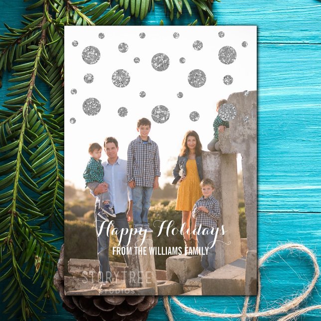 Cartão com fotos de Feriado de Confetti Silver Gli (Silver Glitter Confetti Holiday Photo Card)