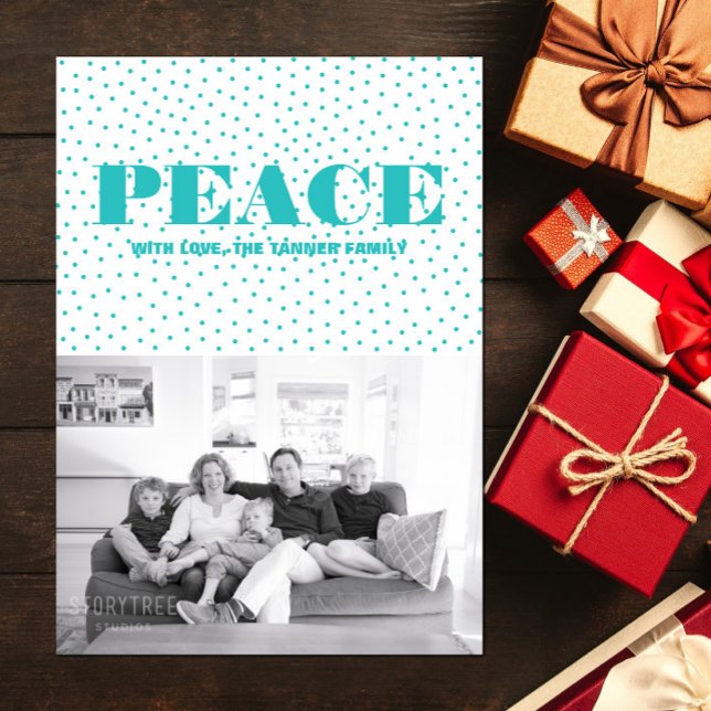 Cartão com fotos de Feriado de Paz Pontilhado | Tu (Dotted Peace Holiday Photo Card - Turquoise)