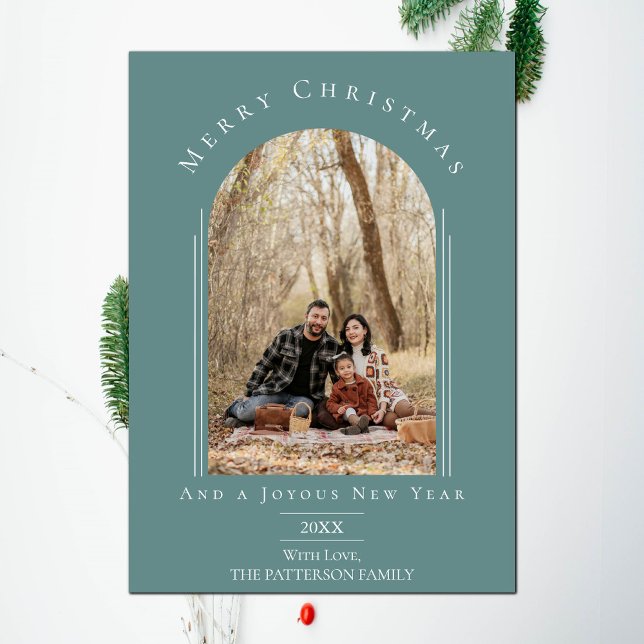 Cartão com fotos de Feriado de Quadro Moderno de A (Teal Modern Arch Frame Holiday Photo Card)