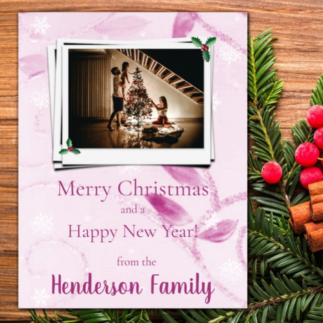 Cartão com fotos de Feriado Plano, cor-de-rosa (Pink Leaves Flat Holiday Photo Card)