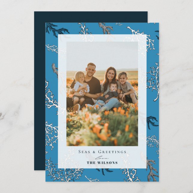 Cartão com fotos de Férias Azul Coral e Saudações (Frente/Verso)