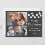 Cartão com fotos de Férias Chalkboard<br><div class="desc">Design com ornamentos brancos e Feliz Natal. Adicione quatro fotos da família e seu nome e data. Fotografia da família © Storytree Studios,  Stanford,  CA</div>