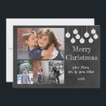 Cartão com fotos de Férias Chalkboard<br><div class="desc">Design com ornamentos brancos e Feliz Natal. Adicione quatro fotos da família e seu nome e data. Fotografia da família © Storytree Studios,  Stanford,  CA</div>