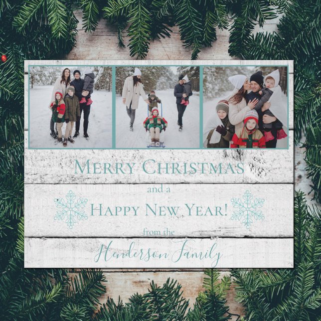 Cartão com fotos de Férias de Férias Flat Rústicas (Teal Rustic Snowflakes Holiday Photo Card)