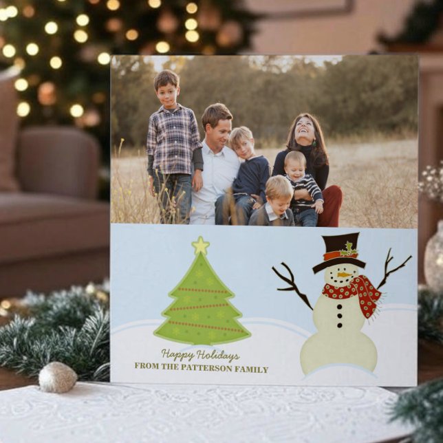 Cartão com fotos de Férias de Neve e Árvore (Snowman and Christmas Tree Holiday Photo Card)