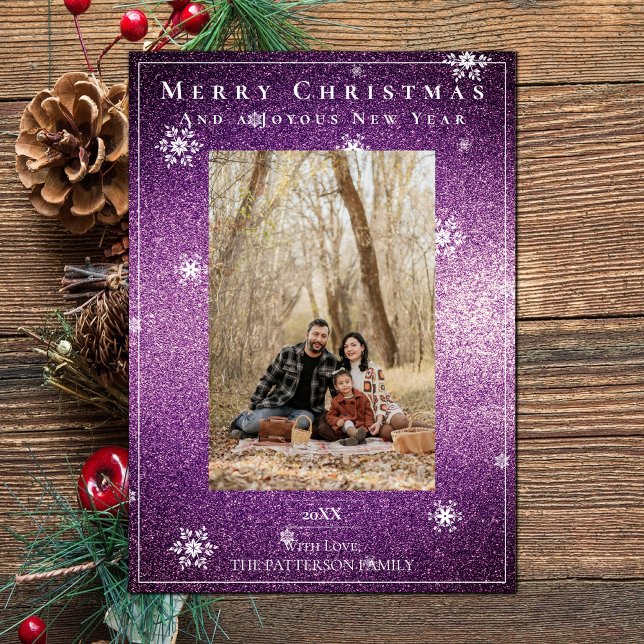 Cartão com fotos de Férias de Neve Magenta Glitter (Magenta Glitter Snowflakes Holiday Photo Card)