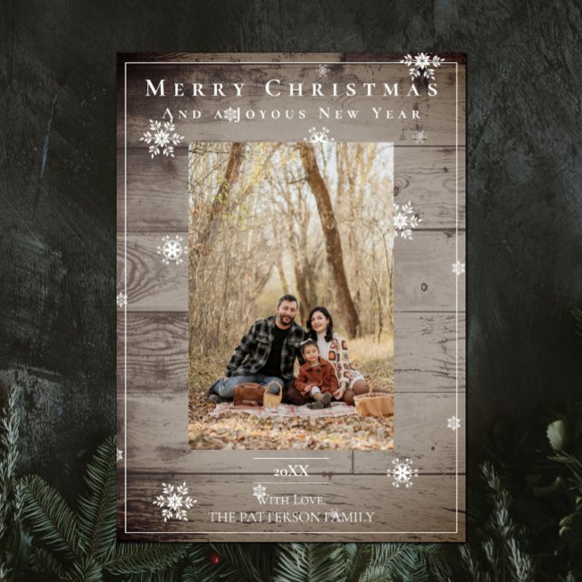 Cartão com fotos de Férias de Neve Russo do País (Country Rustic Snowflakes Christmas Photo Card)