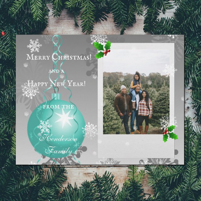 Cartão com fotos de Férias do Enfeites de natal Te (Teal Fancy Christmas Ornament Holiday Photo Card)