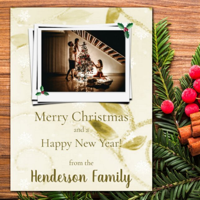 Cartão com fotos de Férias Dourado (Gold Leaves Flat Holiday Photo Card)