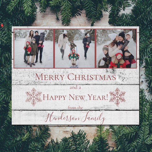 Cartão com fotos de Férias Flat de Neve Vermelha (Red Rustic Snowflakes Holiday Photo Card)