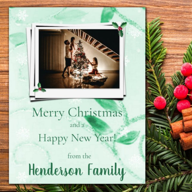 Cartão com fotos de Férias Flat do Verde (Green Leaves Flat Holiday Photo Card)