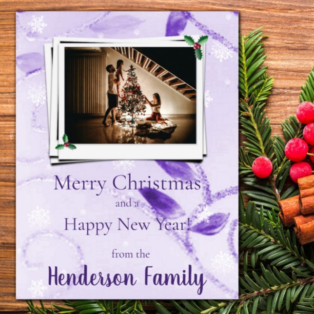 Cartão com fotos de Férias Flat Roxo (Purple Leaves Flat Holiday Photo Card)