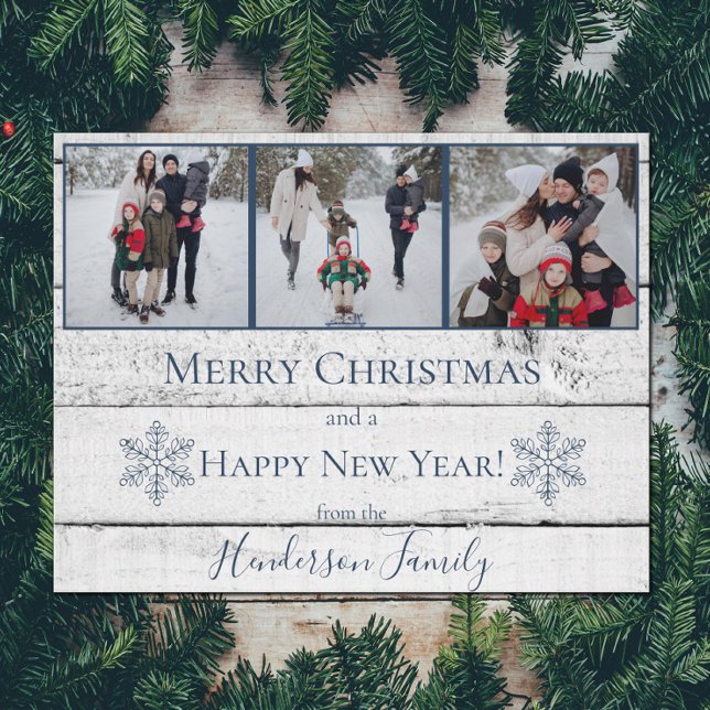 Cartão com fotos de Férias Flat Russo Azul (Blue Rustic Snowflakes Holiday Photo Card)