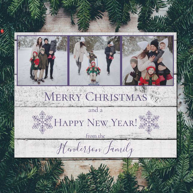 Cartão com fotos de Férias Flat Russo Roxo Flocos  (Purple Rustic Snowflakes Holiday Photo Card)
