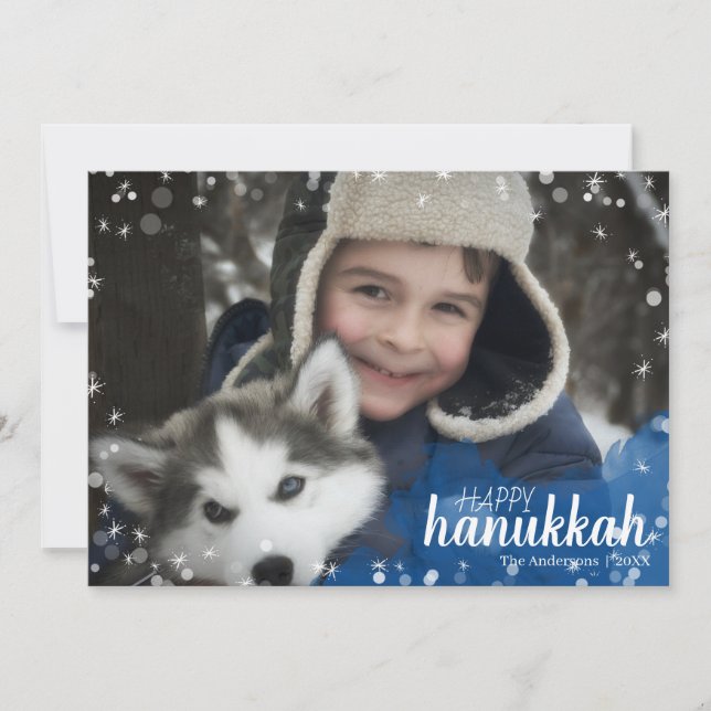 Cartão com fotos de Férias Hanukkah com Flocos de  (Frente)