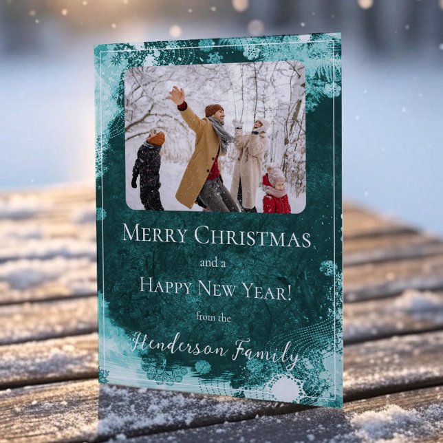 Cartão com fotos de Férias Planas Teal Snowflakes (Teal Snowflakes Flat Holiday Photo Card)