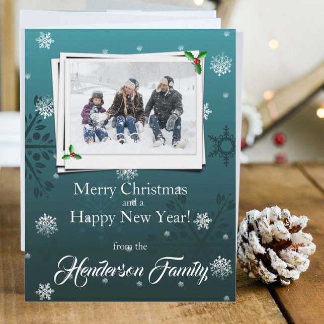 Cartão com fotos de Férias Planas Teal Snowflakes (Teal Snowflakes Holiday Photo Card)